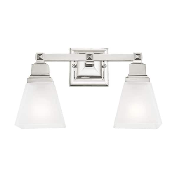 Chadbdurne 15 in. 2-Light Polished Nickel Vanity Light with Satin Glass