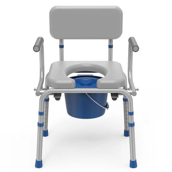 Gray Drop Arm Bedside Commode with Padded Seat, Backrest, Removable Bucket and Adjustable Height, 500 lb. Capacity