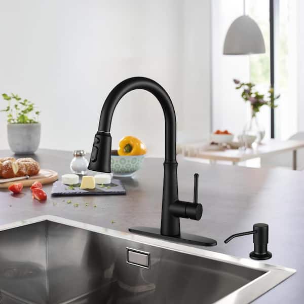 Single-Handle Pull Down Sprayer Kitchen Faucet Soap Dispenser Stainless Steel in Matte Black