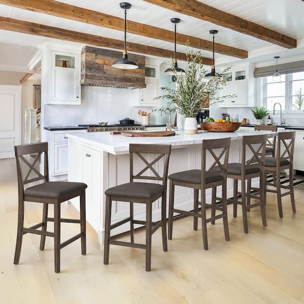26 in. Rustic Brown Upholstered Barstool X-Shaped Backrest Solid Wood Counter Height Bar Stool (Set of 4)