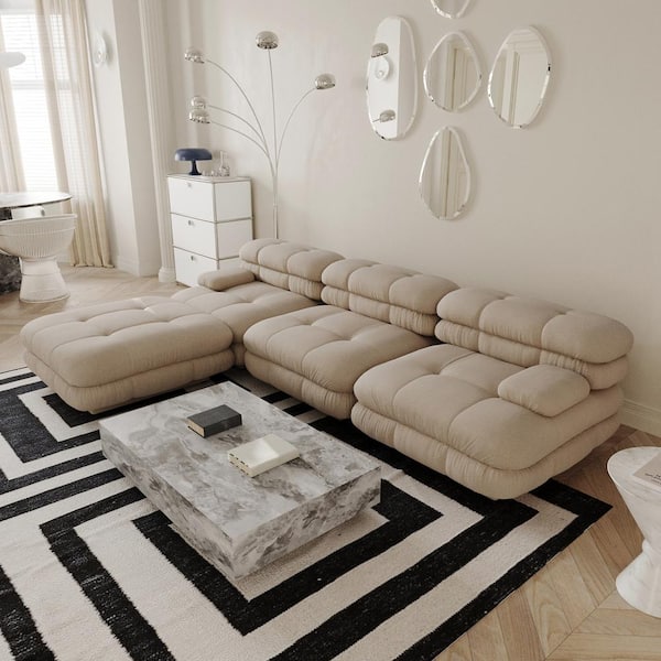 J&E Home 109.85 in. Square Arm 4-Piece Velvet L-Shaped Modular Sectional Sofa with Ottoman in Brown