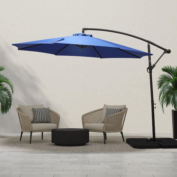 Bayshore Outdoor 10 ft. Hanging Offset Cantilever Patio Umbrella with Easy Crank Lift and Cross Base in Royal Blue