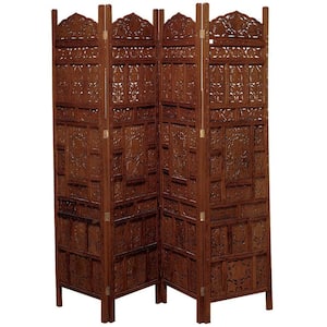 6 ft. Red 4 Panel Floral Handmade Hinged Foldable Partition Room Divider Screen with Intricately Carved Designs