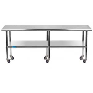 18 in. x 84 in. Stainless Steel Work Table with Casters : Mobile Metal Kitchen Utility Table with Bottom Shelf
