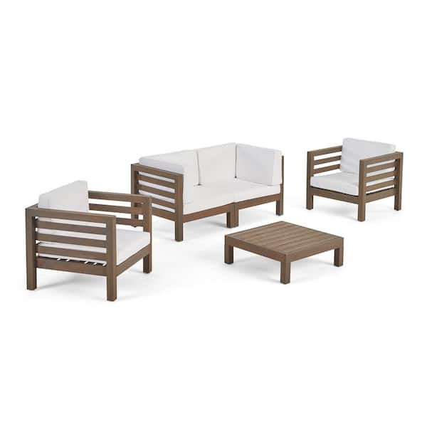 Noble House Oana Grey 5-Piece Wood Outdoor Patio Conversation Set with White Cushions