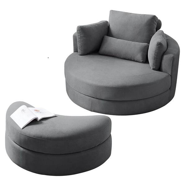 Unbranded Dark Gray Swivel Accent Barrel Linen Fabric Round Arm Chair with Storage Ottoman and Cushions