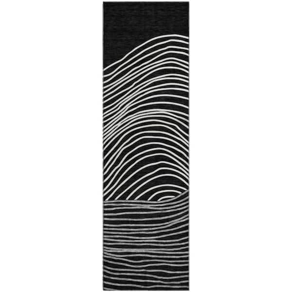 Mayfield Premium Machine Washable Abstract AMF2350 Black 2 ft. x 7 ft. Runner Rug
