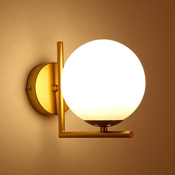 YANSUN 1-Light Gold Globe Wall Sconce with Frosted Glass Shade 