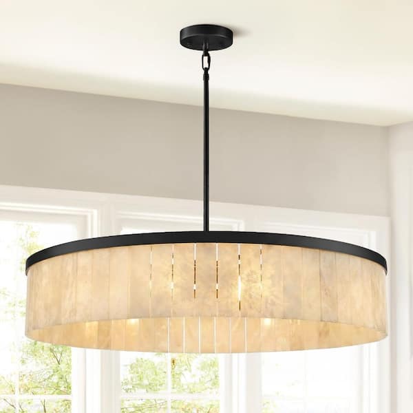 41.3 in. 10-Light Dimmable LED Black Alabaster Circle Kitchen Island Chandelier, for Dining Room, Living Room, Bedroom