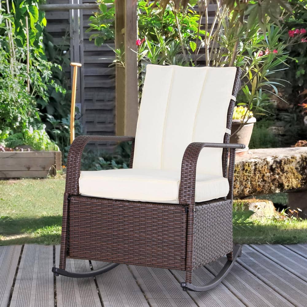 Brown Steel Frame Outdoor Rocking Chair with Beige Cushions