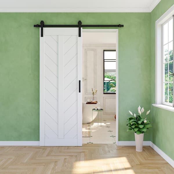 EH PUERTA 30 in. x 84 in. White Finished Solid Core MDF Herringbone Shape Sliding Barn Door Slab with Hardware Kit and Soft Close