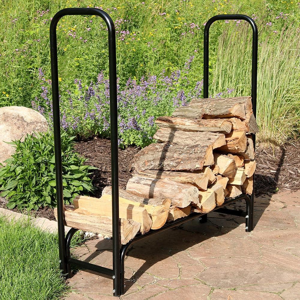 4-Foot Black Steel Firewood Log Rack with Weather-Resistant Cover