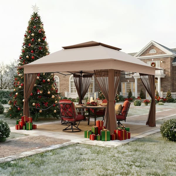Beige Steel Portable Pop-Up Gazebo with Mosquito Netting 11 ft. x 11 ft.