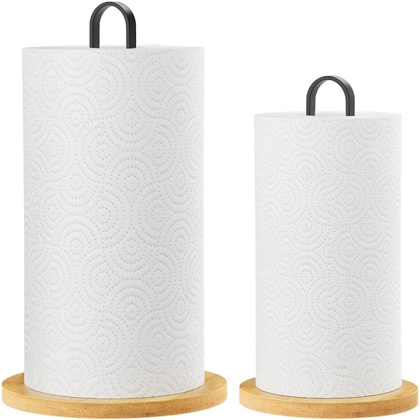 2-Pack Bamboo Paper Towel Holder Countertop Freestanding Vintage Wood and Iron Stand with Non-Slip Base