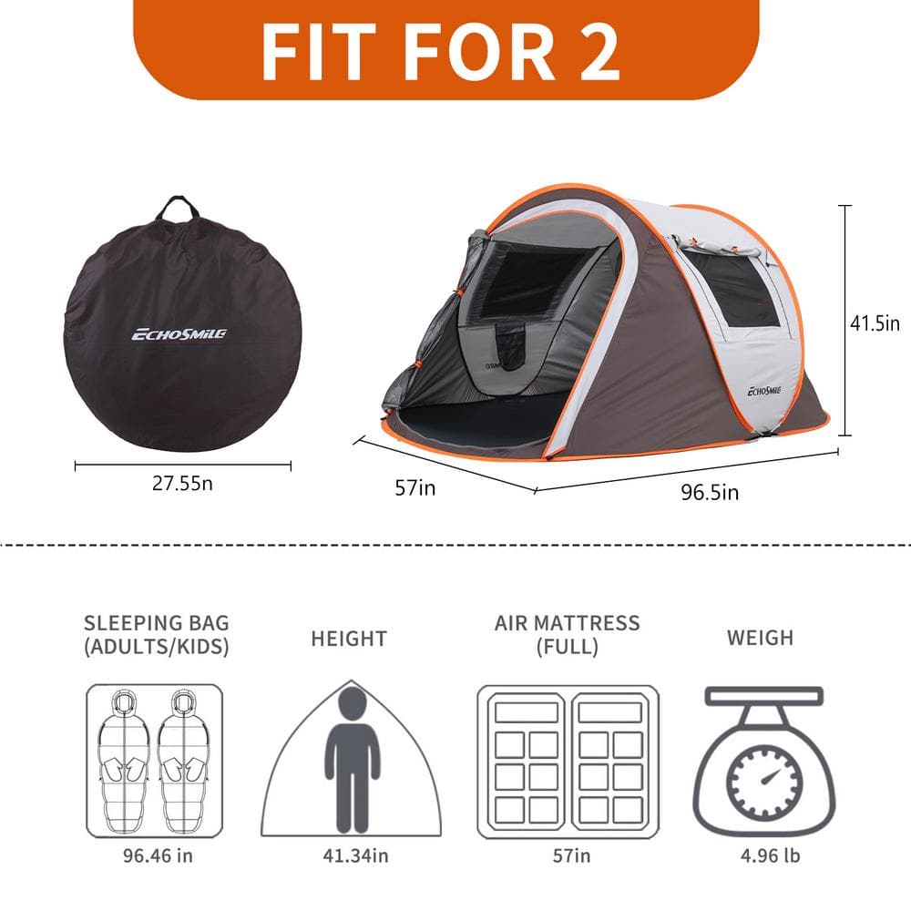 EchoSmile 2-Person White and Brown Pop Up Camping Tent