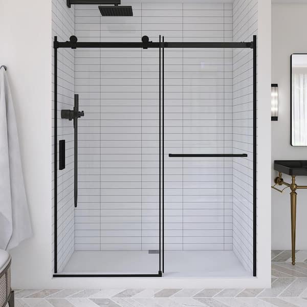 56-60 in. W x 72 in. H Sliding Semi-Frameless Shower Door in Matte Black Finish with Tempered Glass