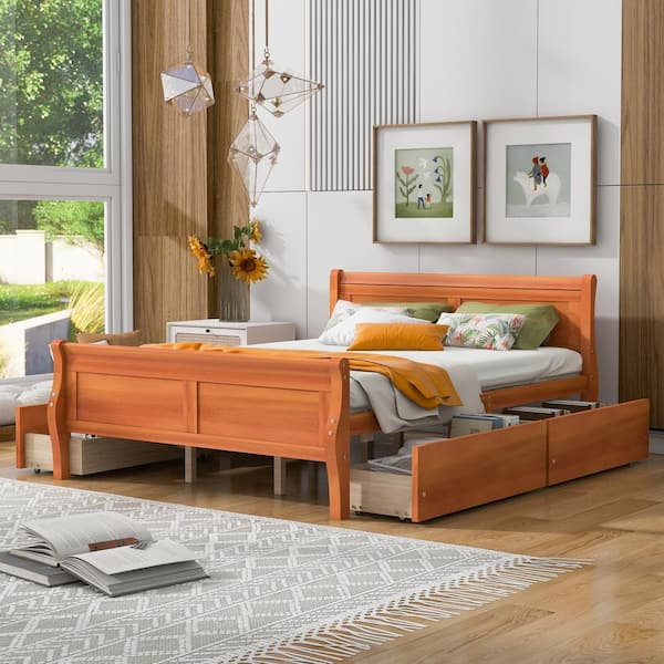 Harper & Bright Designs Oak(Orange) Wood Frame Queen Size Platform Bed with 4 Storage Drawers on Each Side and Additional Slats Support Legs
