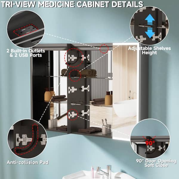 HOMLYLINK 30 in. W x 32 in. H Rectangular Black Aluminum Two-Door Recessed or Surface Mount Medicine Cabinet with Mirror Interior