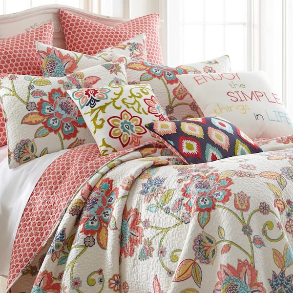 LEVTEX HOME Clementine Spring 3-Piece Coral and Teal Floral Cotton King/Cal  King Quilt Set L79403LKS - The Home Depot