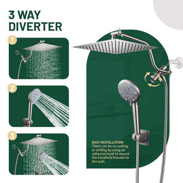 Rainfull 2-in-1 9-Spray Pattern Adjustable Wall Mount Shower Head with Filter 2.5 GPM and Handheld Shower Head in Nickel