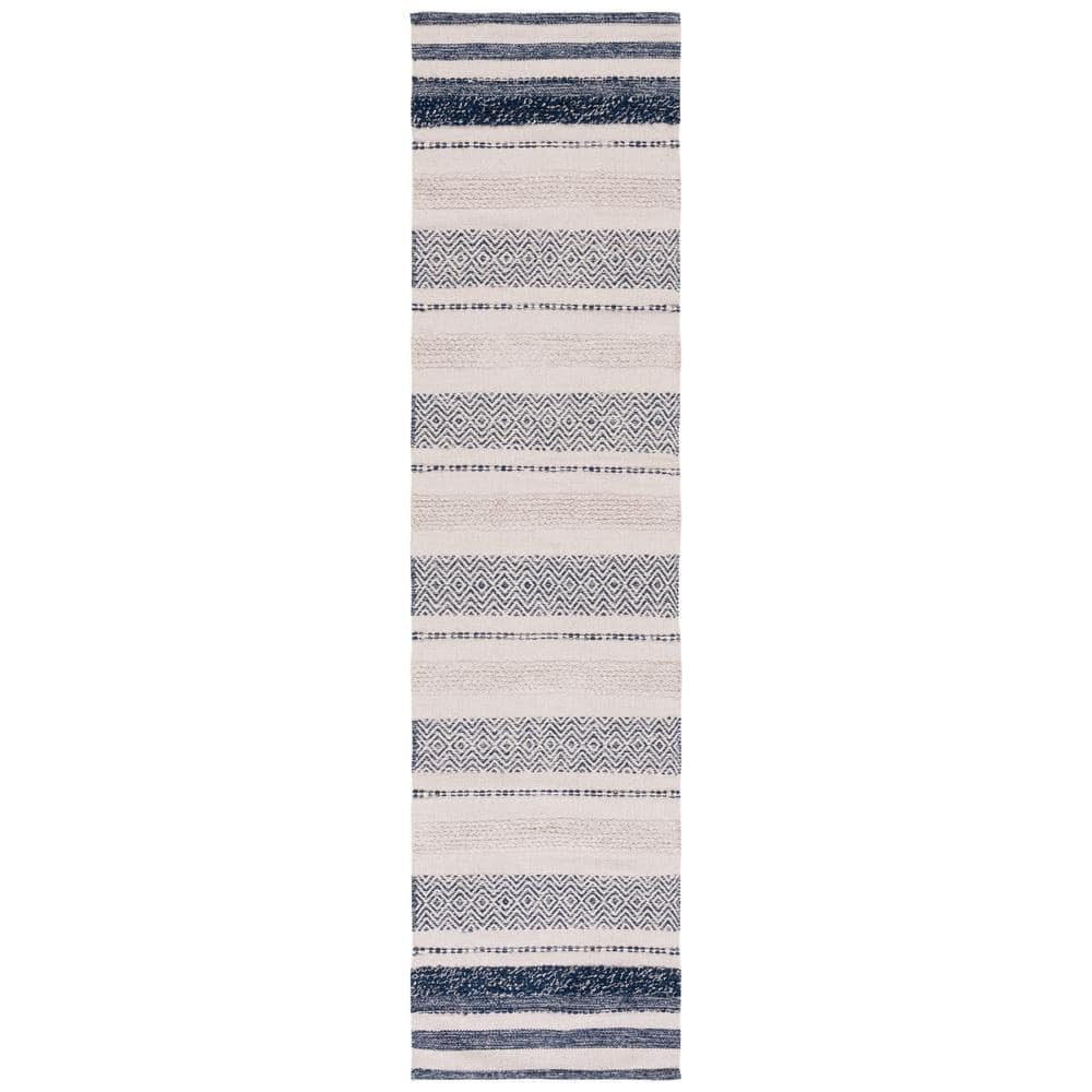 Ivory and Navy Striped Kilim Flat Woven Wool Rug