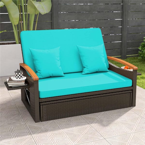 Costway 2-Piece Wicker Outdoor Day Bed Set with Cushioned Loveseat and Storage Ottoman for Porch with Turquoise Cushions