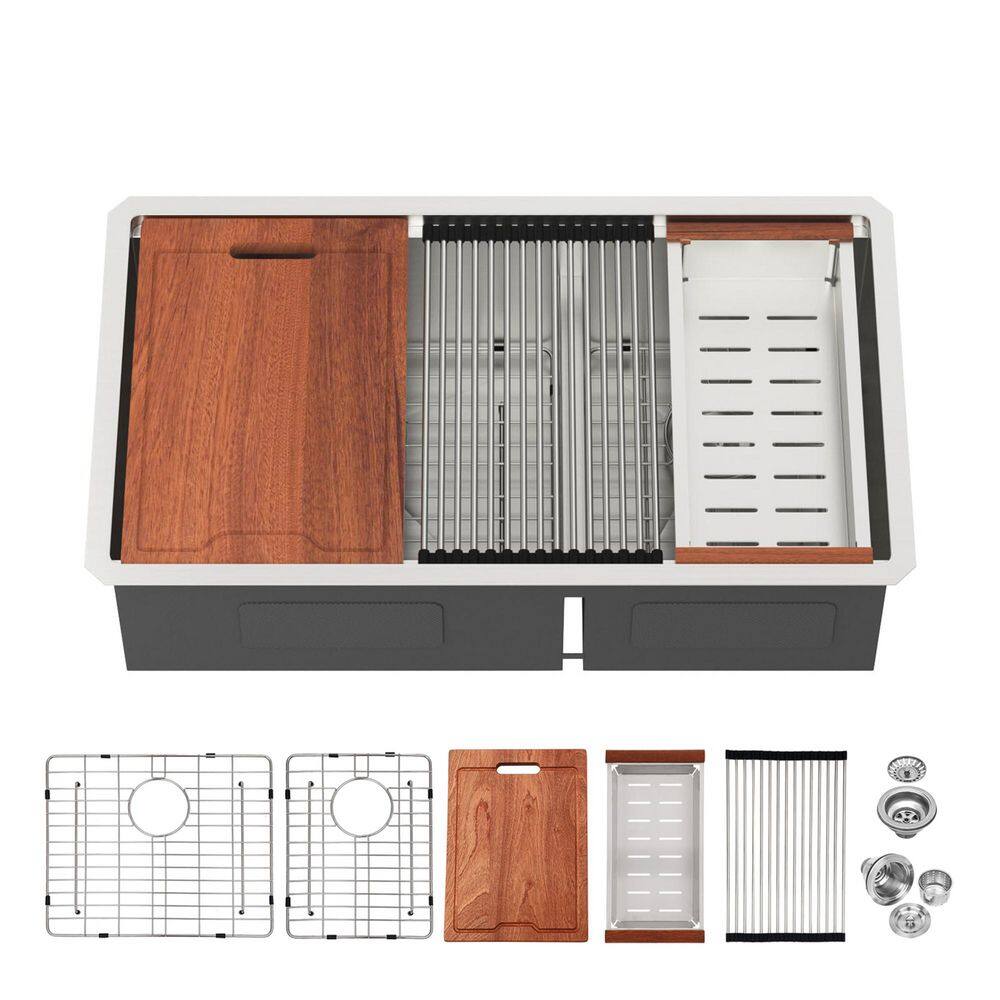 30 in. Undermount Double Bowls 16 Gauge Brushed Nickel Stainless Steel Kitchen Sink with Bottom Grids price history on PriceWatchPro