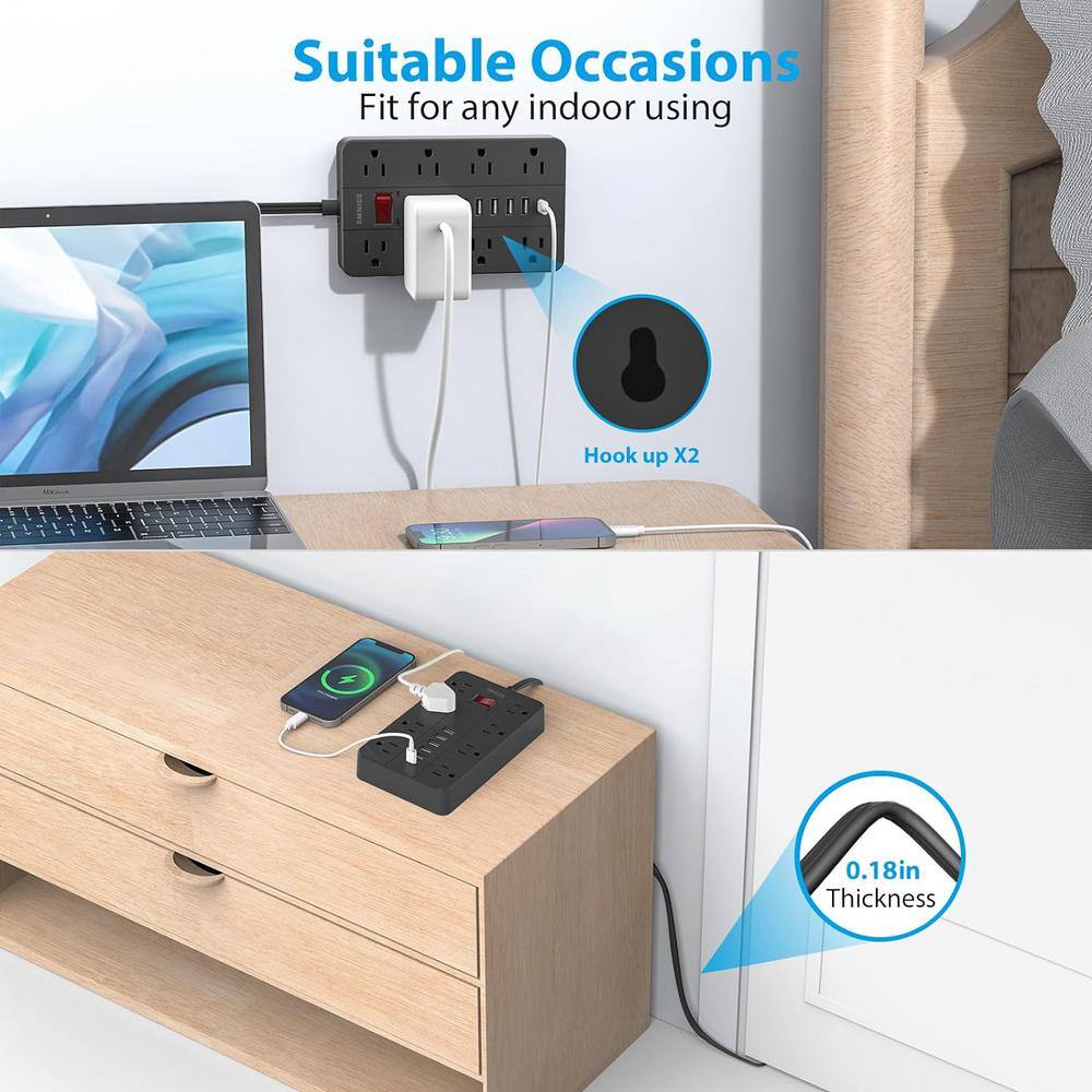 Black 8-Outlet Power Strip with USB Ports and 5 Ft Cord