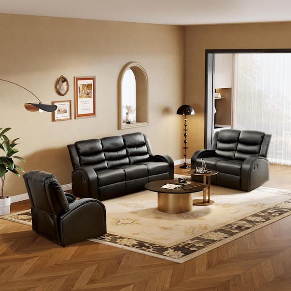 73 in. Straight Arm 3-Piece Faux Leather Rectangle Reclining Sofa Set in Black Modern 6 Seat Couch Living Room Sofa Set