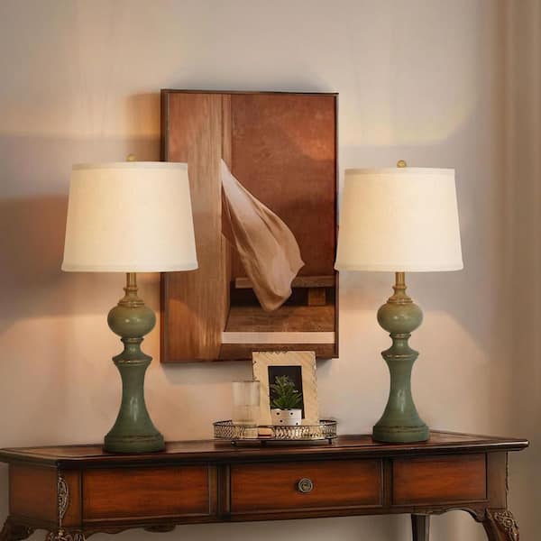 19.5 in. 1-Light Distressed Dark Green Table Lamp Set with Shade and (Set of 2)