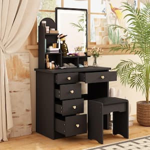 5-Drawers Black Makeup Vanity Sets Dressing Table Sets With Stool, Mirror, LED Light and 3-Tier Storage Shelves