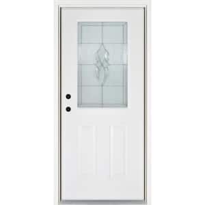 32 in. x 80 in. Right-Hand Inswing 1/2-Lite Scotia Decorative Glass White Finished Fiberglass Prehung Front Door