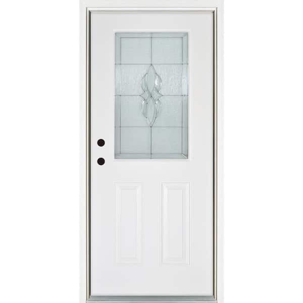 32 in. x 80 in. Right-Hand Inswing 1/2-Lite Scotia Decorative Glass White Finished Fiberglass Prehung Front Door