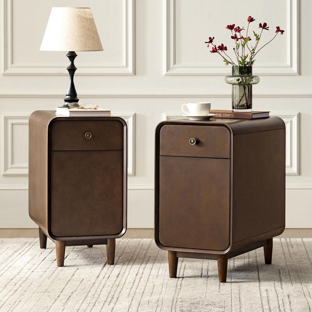 Feodor 23.75 in. Walnut Rectangle Wood End Table with Backside Magazine Rack (Set of 2)