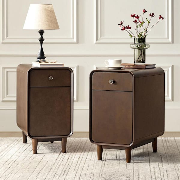 Feodor 23.75 in. Walnut Rectangle Wood End Table with Backside Magazine Rack (Set of 2)