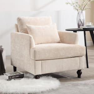 Modern Oversized Beige Chenille Wood Frame Upholstered Accent Armchair