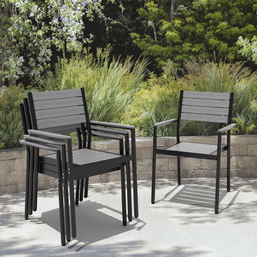 Set of 4 Aluminum Frame Outdoor Patio Dining Chairs Stackable Gray WPC Board High Back Chair Adjustable Feet For Lawn price history on PriceWatchPro