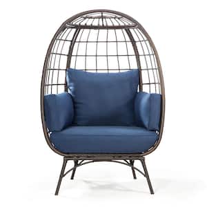 Brown Swivel Wicker Egg Outdoor Lounge Chair with Blue Cushions for Patio, Living Room
