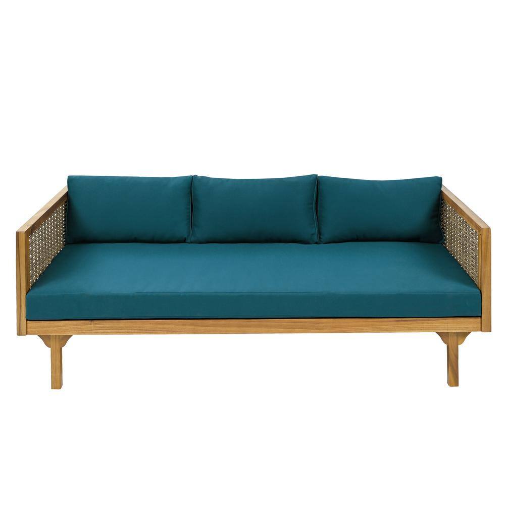 Clansent Outdoor Patio 3-Seater Daybed with Rattan Armrests and Teal Cushions, Acacia Wood Frame, Teak price history on PriceWatchPro