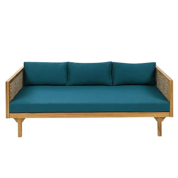 CHRISTOPHER KNIGHT HOME Clansent Outdoor Patio 3-Seater Daybed with Rattan Armrests and Teal Cushions, Acacia Wood Frame, Teak
