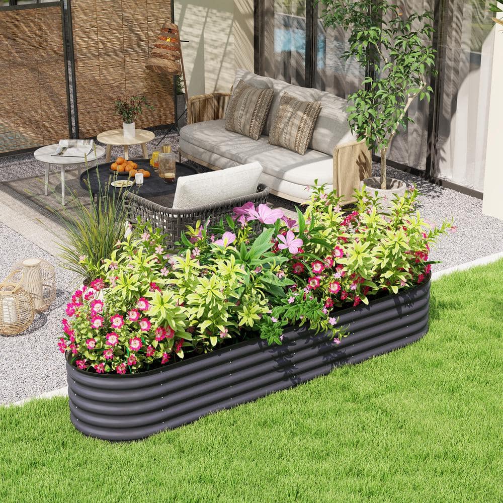 Dark Gray Galvanized Steel Raised Garden Bed Kit with Safety Edging