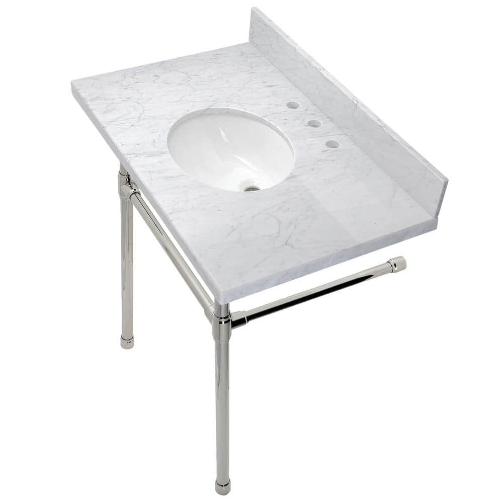 36" White Carrara Marble Vanity Top with Polished Nickel Legs