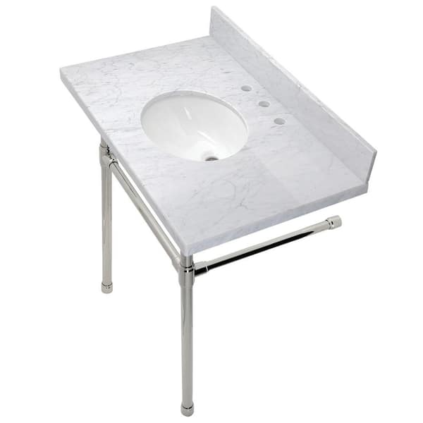 Kingston Brass Dreyfuss 36 in. Carrara Marble Console Vanity Top with Stainless Steel Legs in Marble Polished Nickel