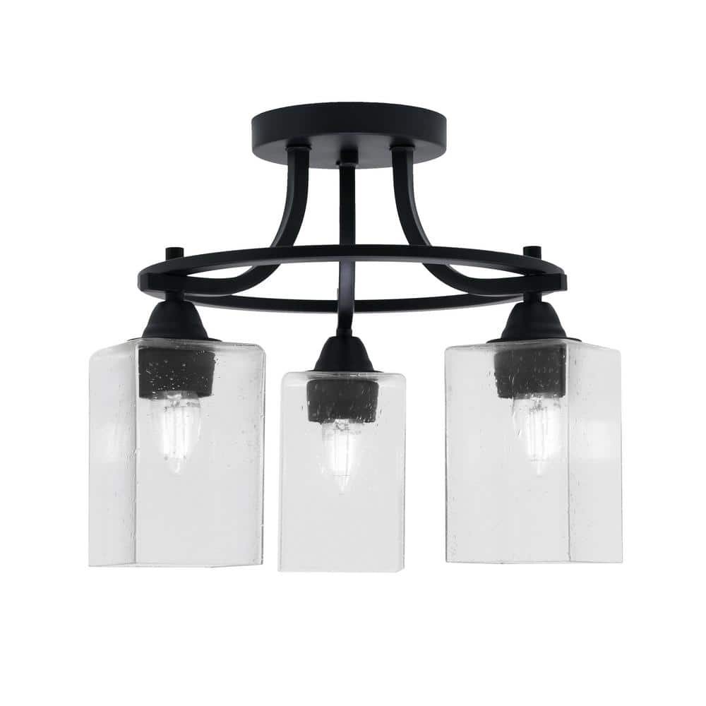 Madison 15.5 in. 3-Light Matte Black Semi-Flush Mount with Square Clear Bub
