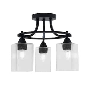 Madison 15.5 in. 3-Light Matte Black Semi-Flush Mount with Square Clear Bubble Glass Shade