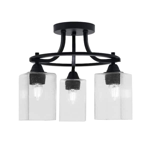 Unbranded Madison 15.5 in. 3-Light Matte Black Semi-Flush Mount with Square Clear Bubble Glass Shade