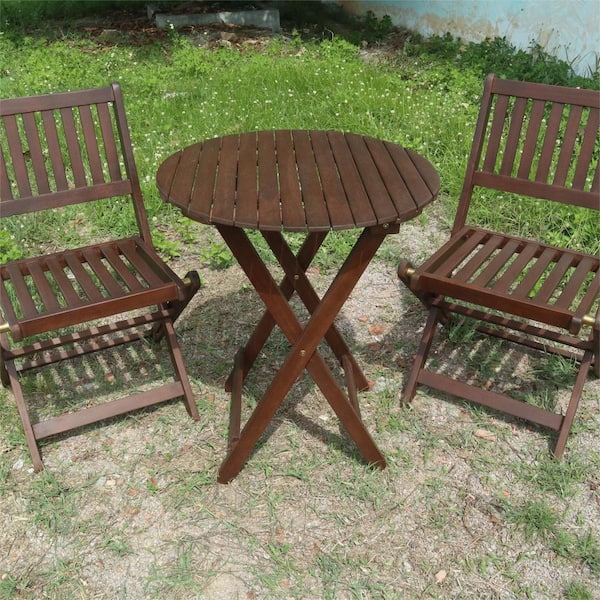 Natural 3-Pieces Acacia Wood Outdoor Bistro Set with 1 Coffee Table and 2 Folding Chairs, Dark Brown