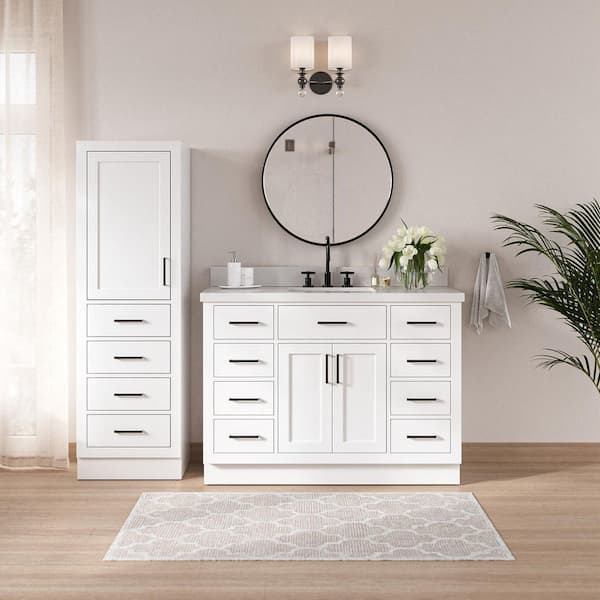 Hepburn 49 in. Single Sink Bath Vanity with Pure White Quartz Top and Linen Cabinet in White