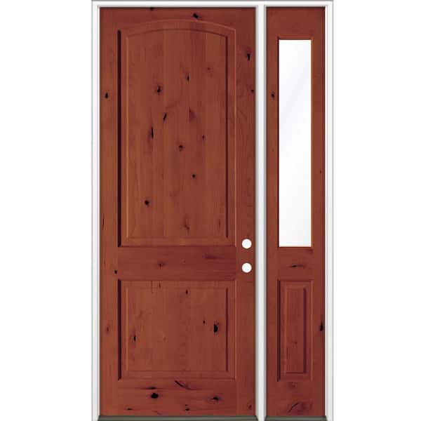 50 in. x 96 in. Knotty Alder 2-Panel Arch-Top Left-Hand/Inswing Clear Glass Amaretto Stain Wood Prehung Front Door RHSL