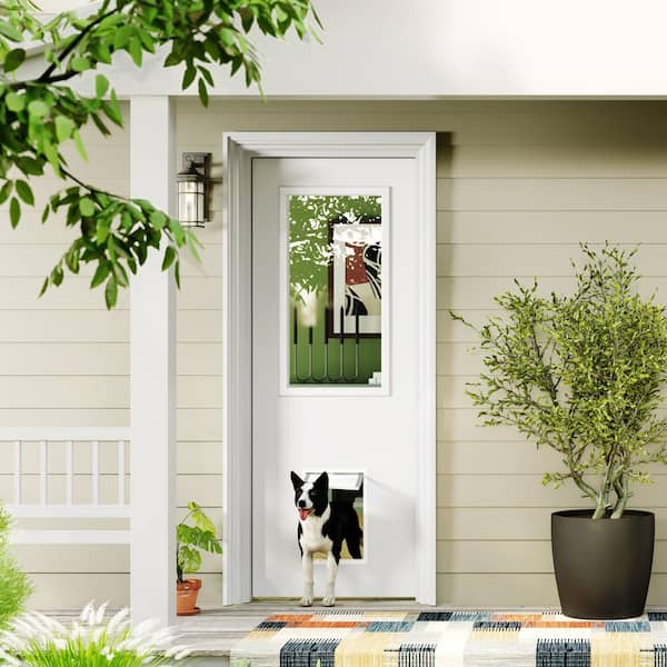32 in. x 80 in. 1 Lite, Universal, Clear Glass, White Primed Wood Front Door Slab with Large Pet Door
